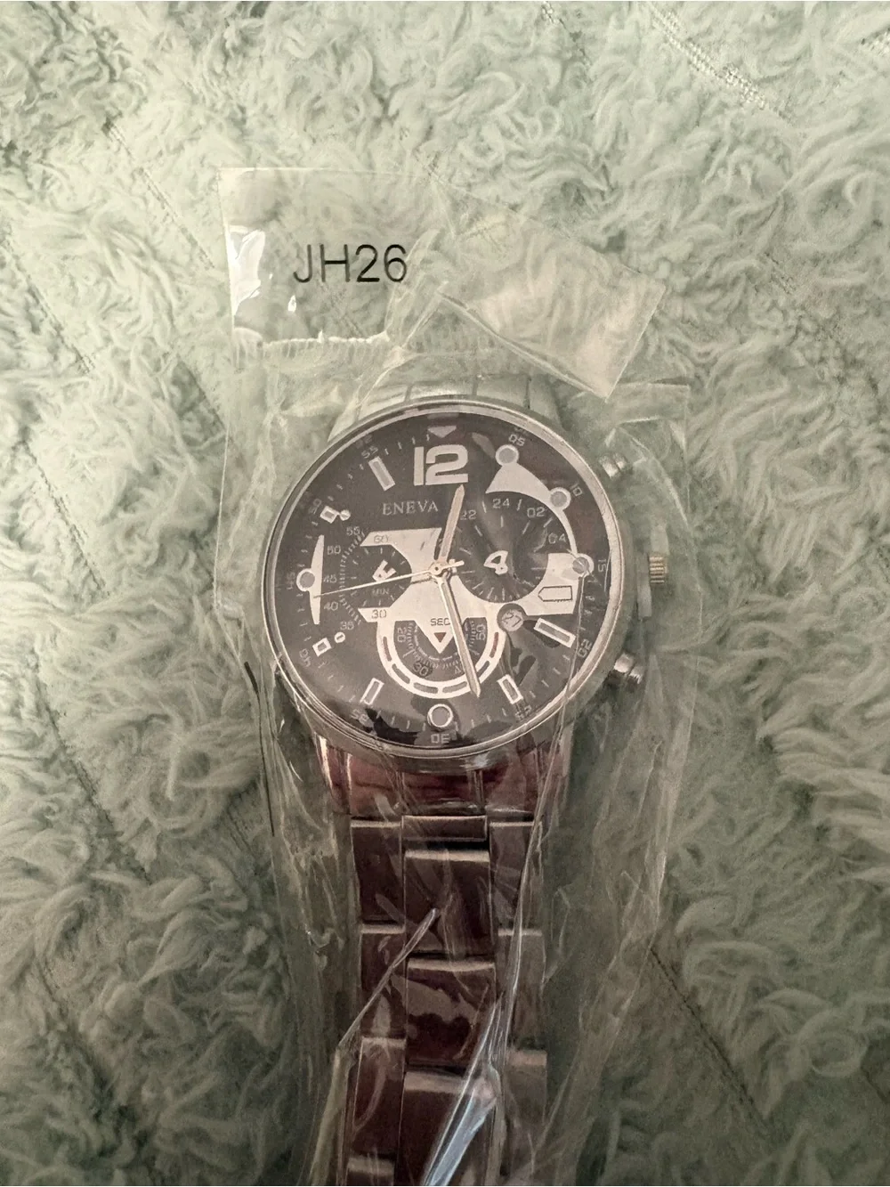 NEW- classic masculine Men's Silver Stainless Steel Watch - Black triple Dial